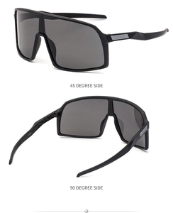 Side view detail of black sports cycling sunglasses with grey lenses from two angles