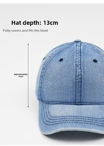 Detail shot of washed blue denim baseball cap featuring a deep 13cm crown fit