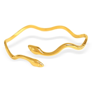 Golden snake-shaped open bangle with curved wave design and double-headed snake motifs