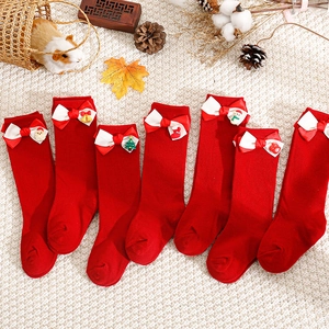 Christmas Baby Kids Socks Red Combed Cotton Mid Calf Bow Cartoon Santa Snowman Holiday Toddler Soft Breathable
