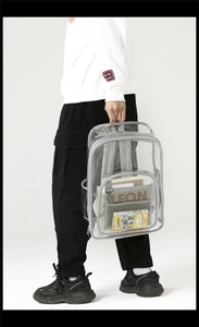 Detail view of large capacity transparent waterproof PVC backpack with grey woven straps