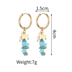 French vintage 14k gold butterfly earrings with turquoise and pearls, 1.5cm x 4cm size