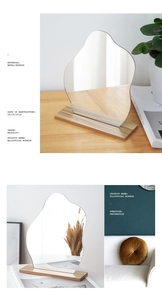 Irregular acrylic mirror with wooden base and product specification label for home decor