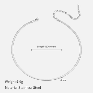 Detail view of 4mm silver stainless steel flat snake chain with dimensions and specs