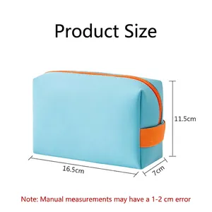 Portable PU leather cosmetic bag in sky blue and orange with 16.5cm size dimensions
