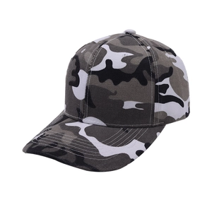 Close-up view of a grey and black camouflage patterned outdoor sports baseball cap.