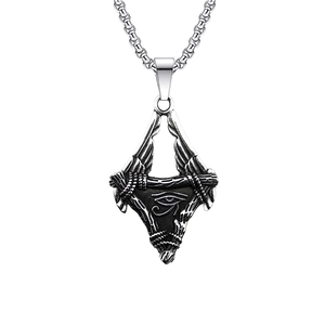 Vintage stainless steel Eye of Horus necklace with winged pendant on white background