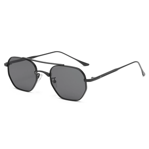 Retro hexagonal double-bridge metal sunglasses with dark grey lenses and slim black frames