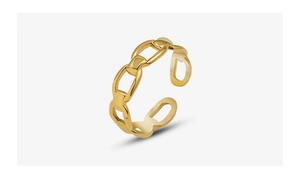 Detailed view of a gold chain link ring with an adjustable open band design