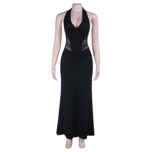 Front view of a black halter maxi dress with lace inserts and mermaid cut on mannequin