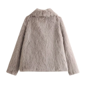 Detail view of the back of a short faux fur jacket in elegant taupe with soft texture
