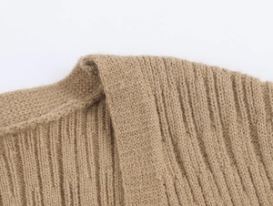 Close-up of camel knit texture showing ribbed details and premium stitching on the cardigan