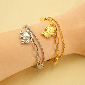 Double Layer Stainless Steel Bracelet With Elephant Heart Star Charms 18K Gold Plated Adjustable Fashion Jewelry For Women