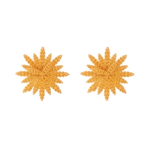 Detailed view of vintage gold wheat ear stud earrings with textured sunburst design