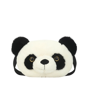 Cute plush panda shoulder bag with 3D ears and eyes design on a white background