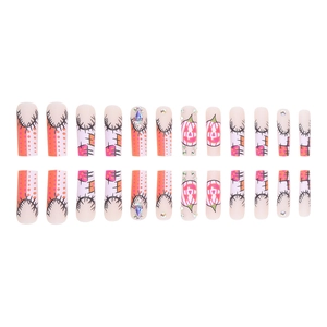Halloween pumpkin graffiti press-on nails with rhinestones in French long coffin style