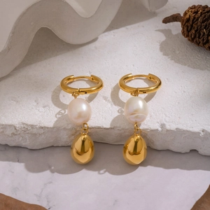 Vintage 18K gold plated stainless steel hoops with natural pearls and teardrop pendants