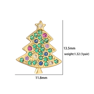 Detail view of gold Christmas tree stud earrings with colorful gemstones and dimensions