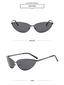 Detailed views of gunmetal cat-eye sunglasses with metal frames and dark gray lenses