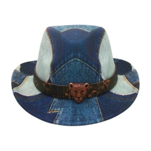 Detail of blue denim style kids jazz hat with bronze leopard head metal buckle