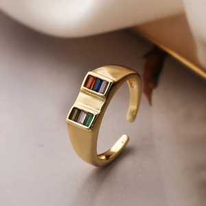 18K gold-plated adjustable ring featuring two rows of colorful rectangular zircons