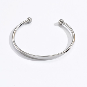 Polished stainless steel C-shaped open cuff bracelet with minimalist steel ball design