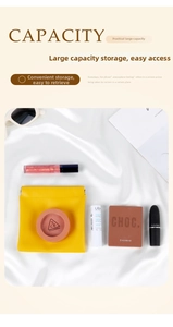 Macro view of yellow PU leather storage pouch with auto-close spring clip capacity detail