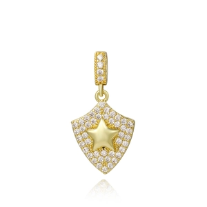 Detail of shield-shaped gold pendant with central star and clear zircon micro-paving