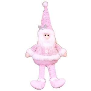 Gnomo di Natale rosa in peluche con gambe lunghe e cappello di paillettes su bianco
