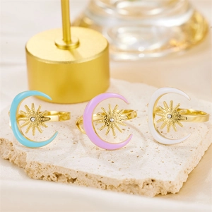 Three-piece stainless steel open ring set with colorful enamel moon and zircon sun design