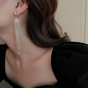Elegant long tassel earrings with sparkling rhinestones worn by a model in profile