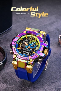 Macro shot of colorful iridescent metal bezel and dual-display dial of sport watch