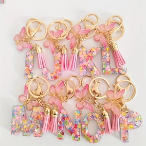Pink heart sequins resin alphabet keychains with butterfly and tassel set I-P