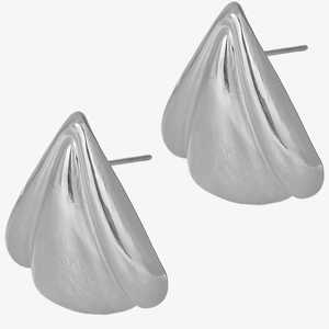 Close-up of silver 304 stainless steel stud earrings with shell petal fold design