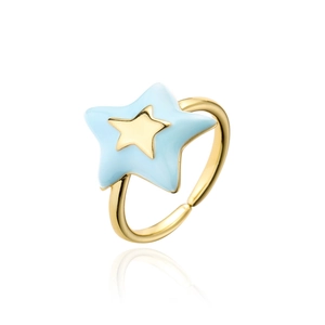 Detail of 18K gold plated adjustable ring featuring a light blue enamel star design