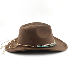 Detail of dark brown faux suede cowboy hat with turquoise and silver beaded hatband