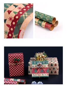 Macro detail of various vintage Christmas kraft wrapping paper patterns and gift boxes