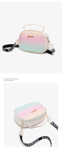 Detail of gradient crossbody bag with diamond quilting and metallic lettering logo