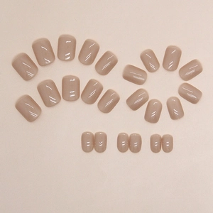 Short square coffee brown press-on nails set with glossy finish and elegant minimalist style