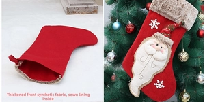 Detail of Christmas stocking featuring Santa applique, snowflake embroidery, and sewn lining