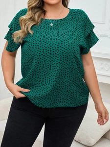 Plus size dark green short sleeve blouse with polka dots and ruffle tiered sleeves