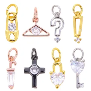 Copper micro-pave mini charms including key lock and cross for DIY jewelry making