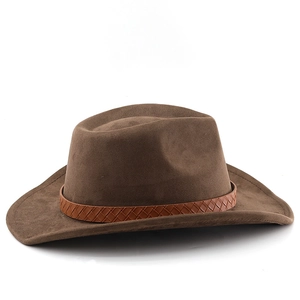 Close-up of deep brown wool felt jazz hat with braided faux leather belt and curved brim