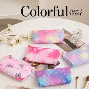 Quilted Makeup Bag Gradient Butterfly Rainbow Print Waterproof Polyester Cosmetic Pouch For Travel Storage Women Girls
