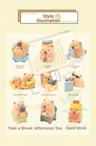 Collection of nine unique Capybara blind box figurines in various fun lifestyle poses