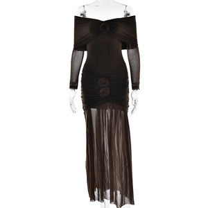 Elegant dark brown off-shoulder evening gown with mesh sleeves and rose flower detail
