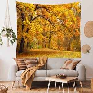 Detailed texture of autumn forest tapestry with vibrant orange maple leaves on wall