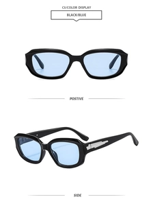 Square black sunglasses with blue lenses shown from front and side view angles