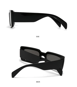 Side and back views of trendy black square sunglasses with bold retro frames