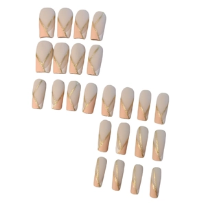 French tip coffin fake nails in beige and pink with elegant gold glitter line design